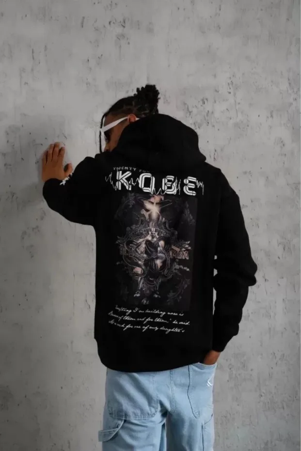 Erkek Siyah Oversize 3 İplik Pamuklu Kapüşonlu Baskılı Sweatshirt 4