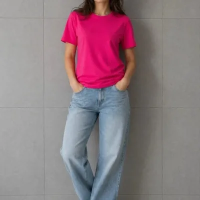 Tîşorta Jinan Fuşya, Relaxed Fit, Stûyê Bisîkletê, Pembû 3