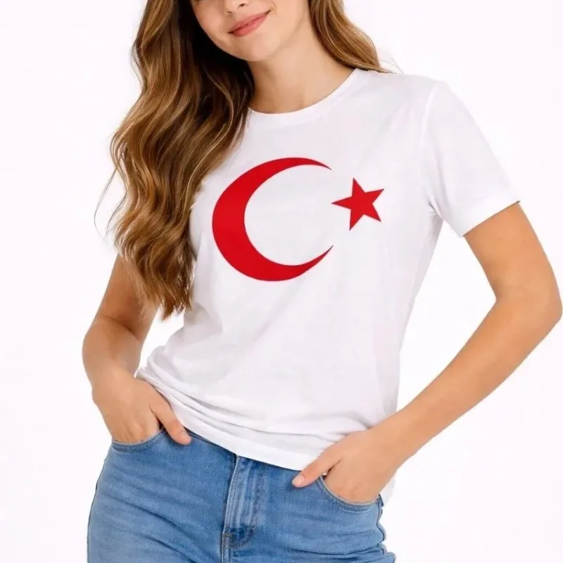 Cocoană Alb Guler Bicicletă Lună Steag Imprimat Tricou