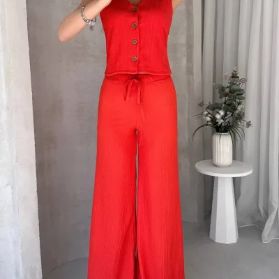 Set sa visokim strukom udobnih pantalona i prslukom bez rukava - Narandžasta 2