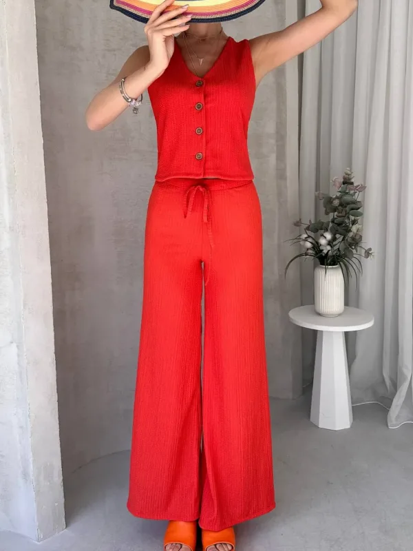 Set sa visokim strukom udobnih pantalona i prslukom bez rukava - Narandžasta 2