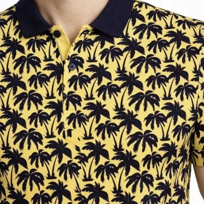 Men's Yellow Pique Fabric Polo Collar Palm Patterned T-Shirt 2