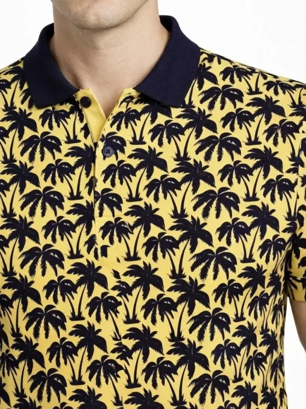 Men's Yellow Pique Fabric Polo Collar Palm Patterned T-Shirt 2