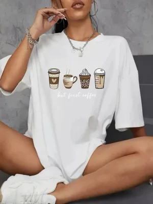 Женски бел oversize велосипед јака кафе дезен печатење маица