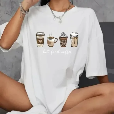 Женски бел oversize велосипед јака кафе дезен печатење маица 1