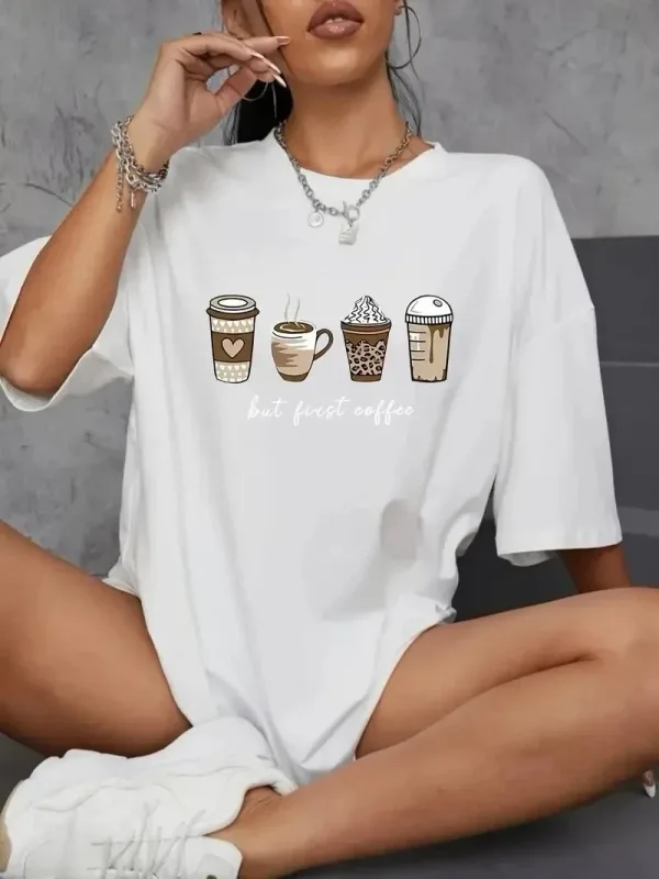 Женски бел oversize велосипед јака кафе дезен печатење маица 1