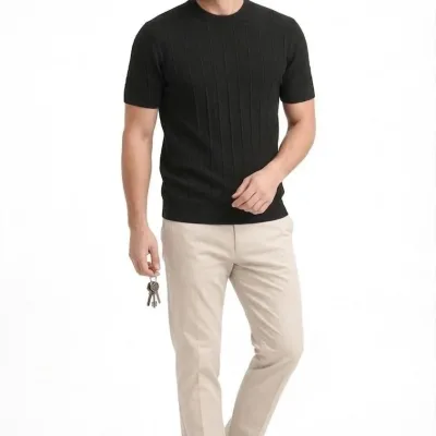 Man Black Crew Neck Ribbed Knit T-Shirt 3