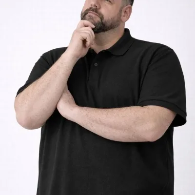 Bărbat Negru Țesătură Pike Mărime Mare Guler Polo cu Nasturi Tricou 4