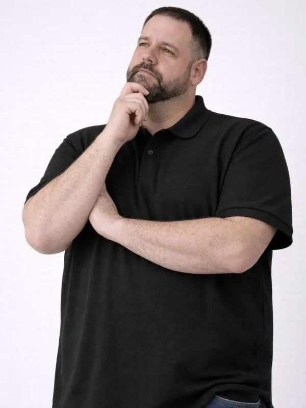 Bărbat Negru Țesătură Pike Mărime Mare Guler Polo cu Nasturi Tricou 4