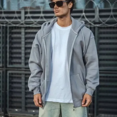 Men's Gray Full Zip Hooded 3-Thread Cotton Sweatshirt 2