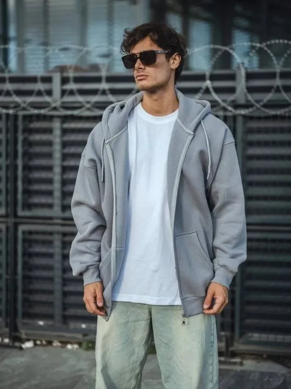 Men's Gray Full Zip Hooded 3-Thread Cotton Sweatshirt 2