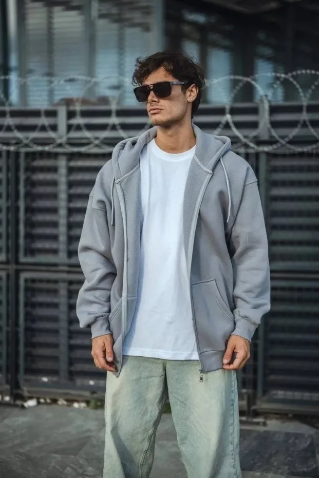 Erkek Gri Tam Fermuarlı Kapüşonlu 3 İplik Pamuklu Sweatshirt 2