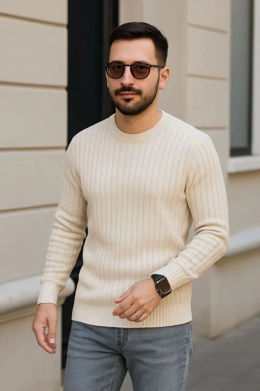 Masculin Bej Regular Fit Guler Bicicleta Bumbac Canelat Tricot Pulover