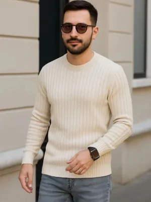 Машки беж Regular Fit велосипед јака памучен ребрест трико џемпер