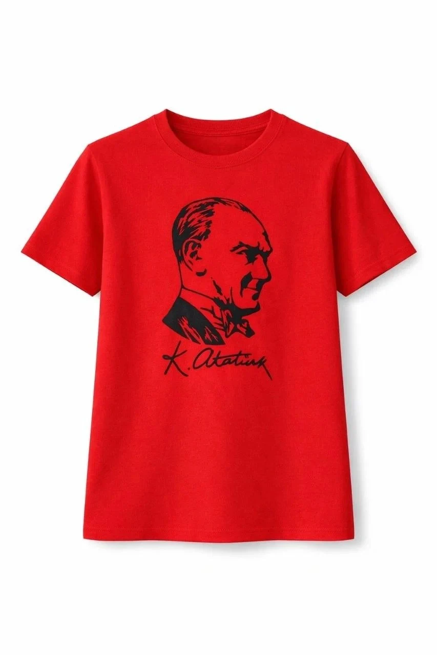 Devojčica Crvena Okrugli Izrez Ataturk Print Majica