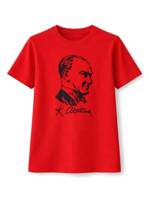 Devojčica Crvena Okrugli Izrez Ataturk Print Majica 1