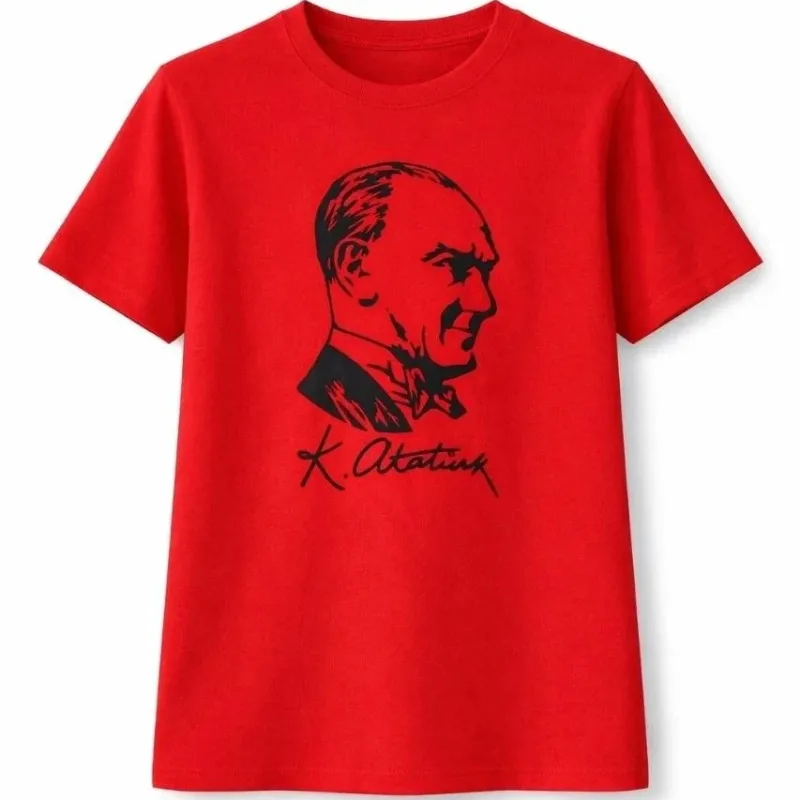 Girls' Red Crew Neck Ataturk Printed T-Shirt