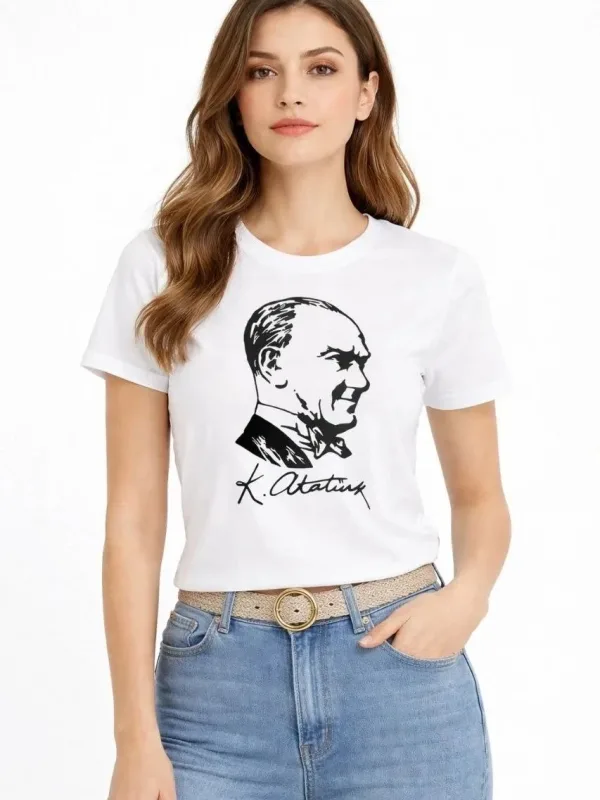 Women's White Crew Neck Atatürk Printed T-Shirt