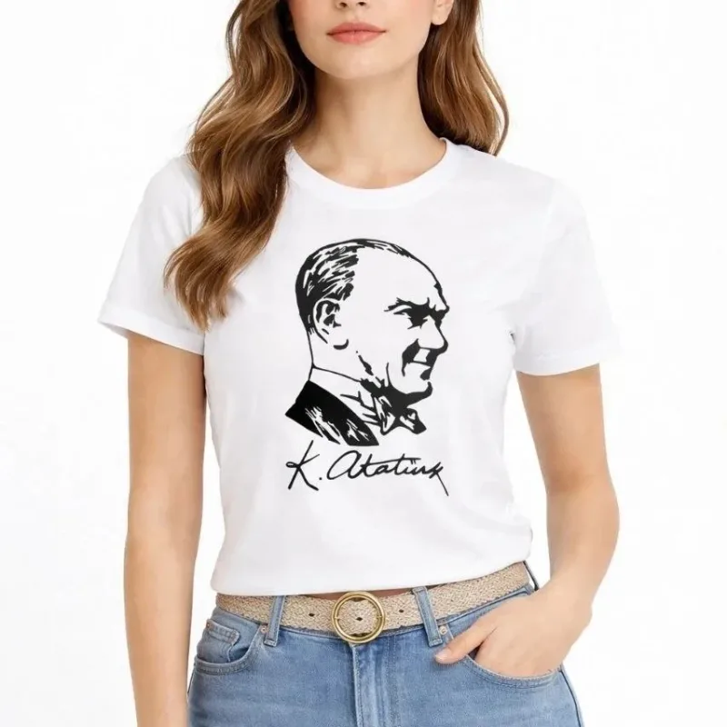 Ženska Bela Bicikli Kragna Ataturk Print Majica