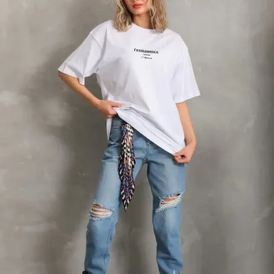 Ženski Bijeli Oversize Biciklistički Kragna Print Ljetna Majica 4