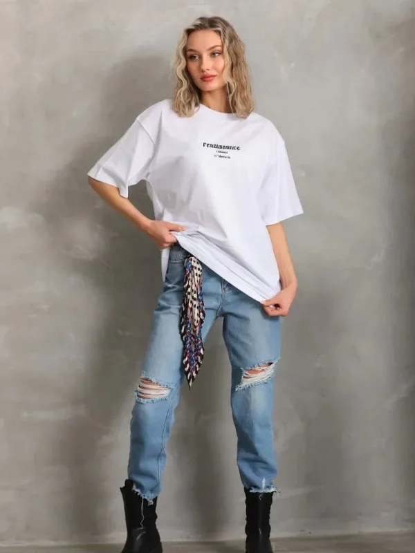 Ženski Bijeli Oversize Biciklistički Kragna Print Ljetna Majica 4