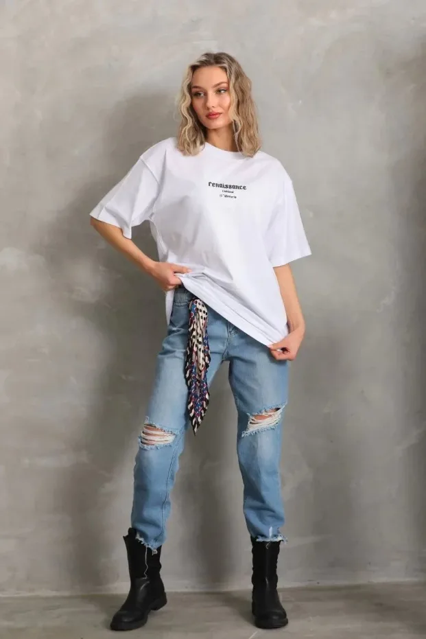 Women's White Oversize Bicycle Neck Printed Summer T-Shirt 4