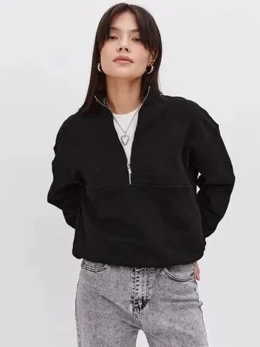 Damski Czarny Oversize 3-nitkowy Bawełniany Półzamknięty Sweatshirt