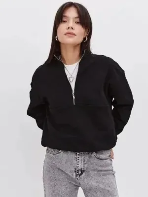 Women's Black Oversize 3-Thread Cotton Half-Zip Sweatshirt