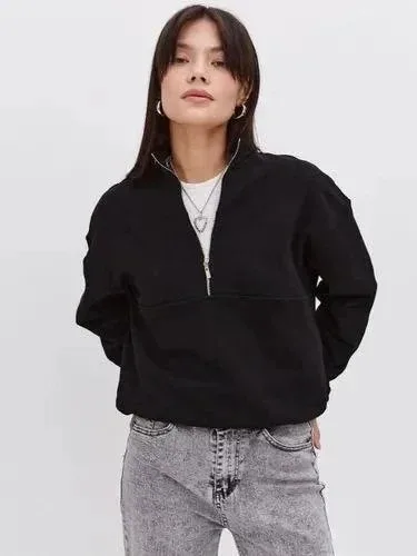 Γυναικείο Μαύρο Oversize 3-κλωνο Βαμβακερό Φούτερ με Μισό Φερμουάρ 1