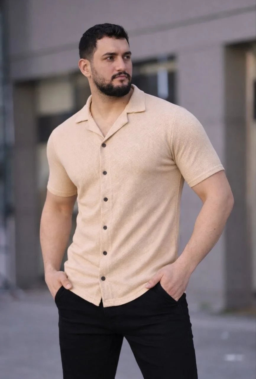 Erkek Bej Regular Fit Waffle Kumaş Düğmeli Açık Yaka Gömlek