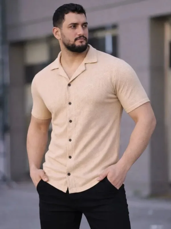 Férfi Bézs Regular Fit Waffle Anyagú Gombos Nyitott Gallérú Ing 1