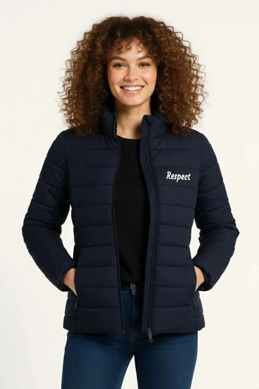 Women's Navy Micro Water Repellent Quilted Printed Zippered Bomber Jacket