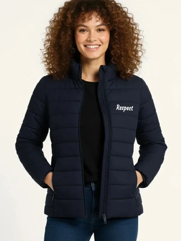 Women's Navy Micro Water Repellent Quilted Printed Zippered Bomber Jacket 1
