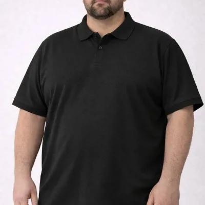 Bărbat Negru Țesătură Pike Mărime Mare Guler Polo cu Nasturi Tricou 3
