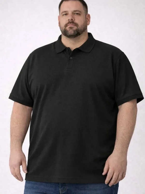 Bărbat Negru Țesătură Pike Mărime Mare Guler Polo cu Nasturi Tricou 3