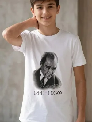 Boys' White Crew Neck Ataturk Printed T-Shirt