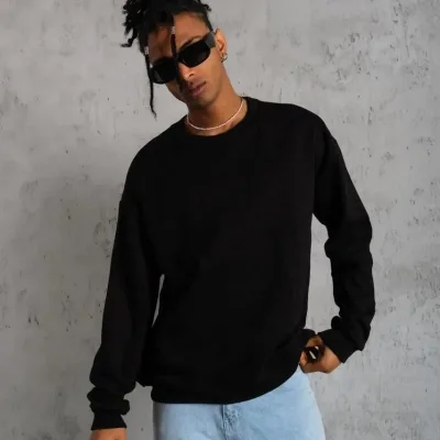Sweatshirtê Mêran ê Reş, Stûyê Bisîkletê, 3 Têl, Pembû, Çapkirî 4