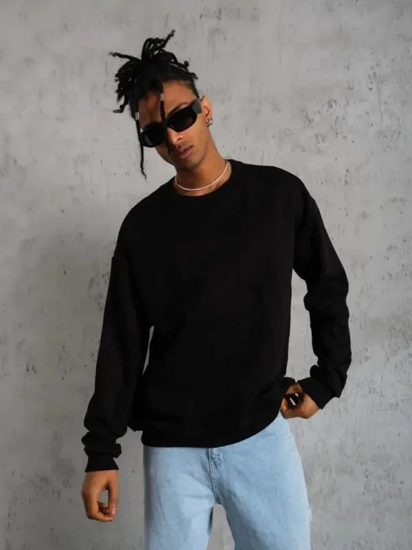 Sweatshirtê Mêran ê Reş, Stûyê Bisîkletê, 3 Têl, Pembû, Çapkirî 4