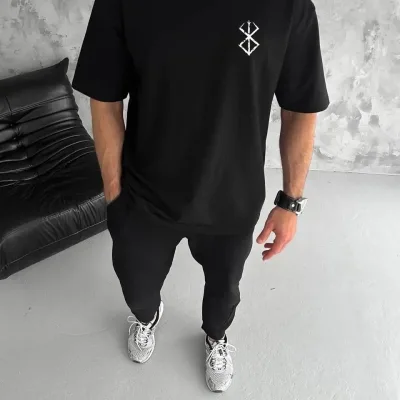 Bluzë verore për meshkuj, ngjyrë e zezë, jakë biçiklete, oversized, me printim 1