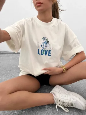 Women's White Oversize Crew Neck Printed Short Sleeve T-Shirt