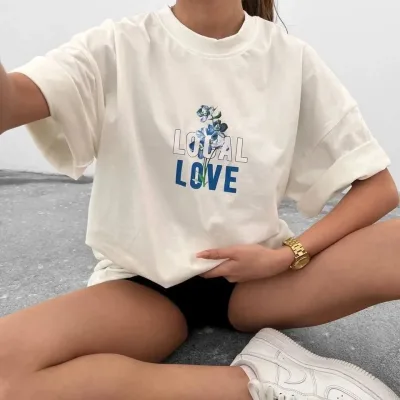 Damski Biały Oversize Rowerowy Kołnierz Nadrukowany Krótki Rękaw T-shirt 1