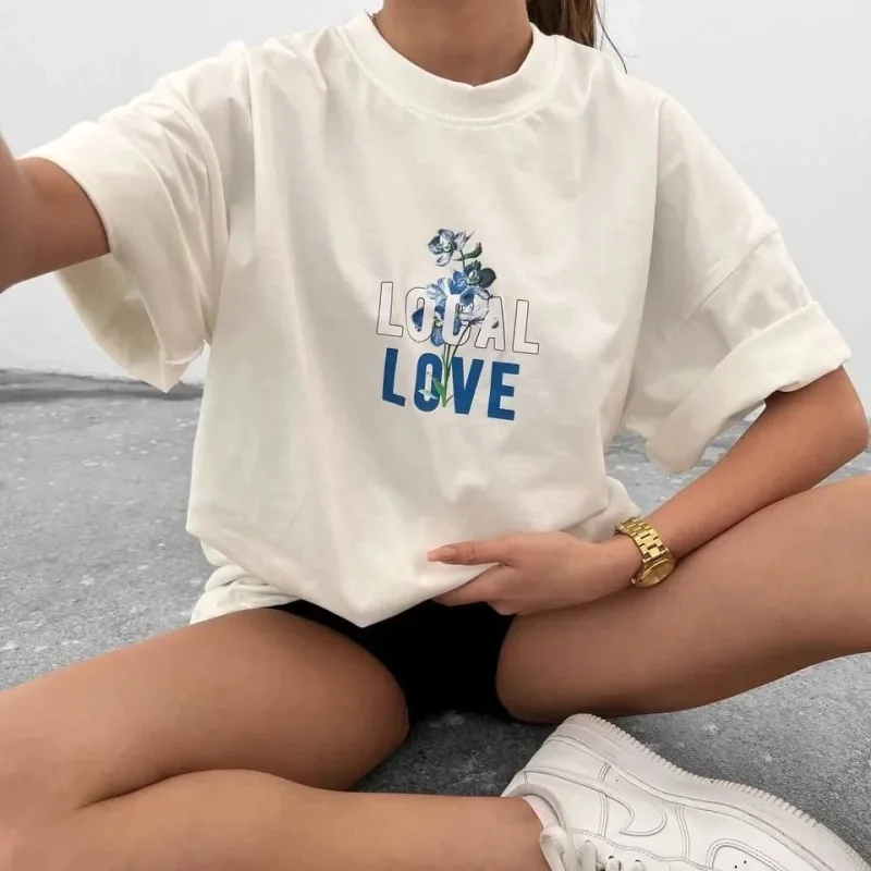 Damski Biały Oversize Rowerowy Kołnierz Nadrukowany Krótki Rękaw T-shirt