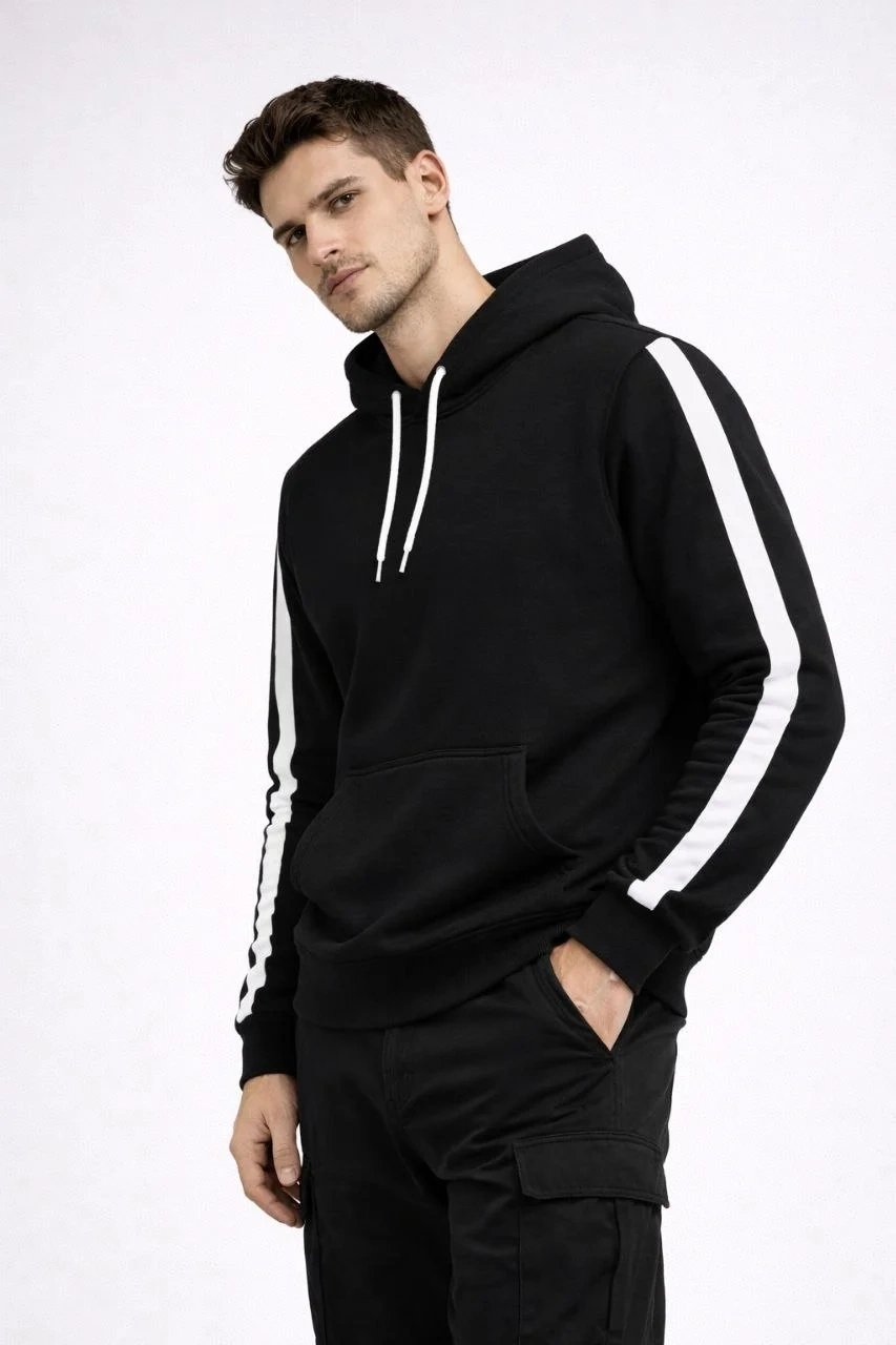 Férfi fekete oversized csíkos kapucnis 3 szálas pamut sweatshirt 3