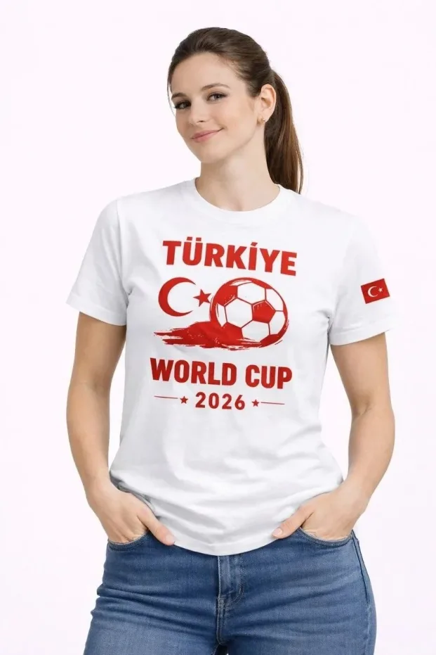 Kadın Beyaz World Cup 2026 Baskılı Futbol Temalı Tişört 1