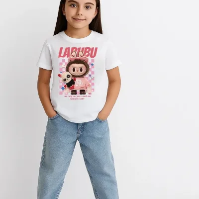 Lány Fehér Labubu Nyomott Oversize Gyerek Póló 2