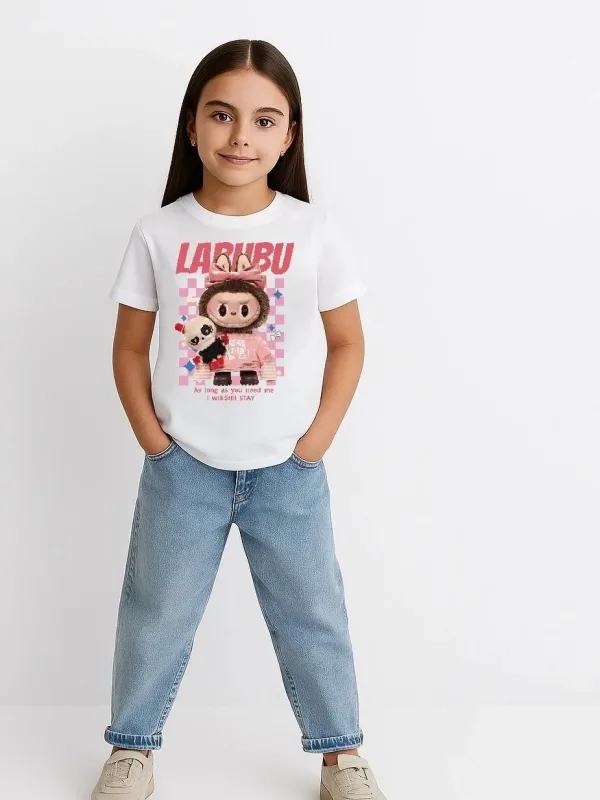 Lány Fehér Labubu Nyomott Oversize Gyerek Póló 2