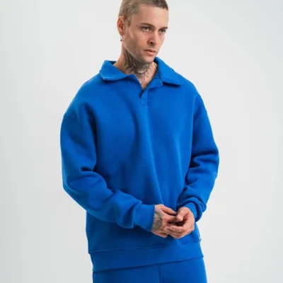 Kişi Göy Oversize 3 İplik Pambıqlı Açıq Yaxalı Sviter 2