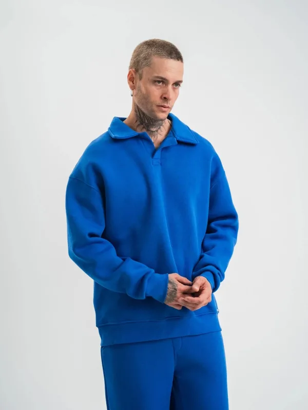 Kişi Göy Oversize 3 İplik Pambıqlı Açıq Yaxalı Sviter 2