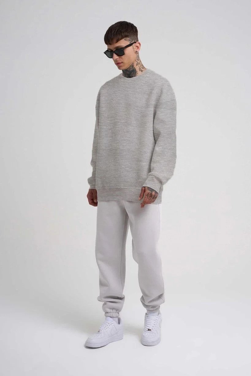 Men's Gray Oversize Crew Neck 3-Thread Cotton Sweatshirt 2