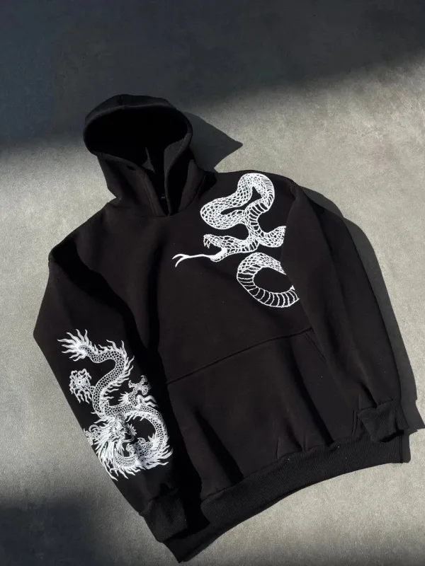Pánsky čierny oversize 3-niťový bavlnený mikina s potlačou, kapucňou, vreckom 3